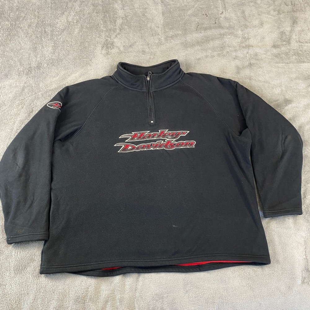 Vintage Harley Davidson Pullover Mens XL Black 1/4 Zip Fleece Lined Y2k Biker